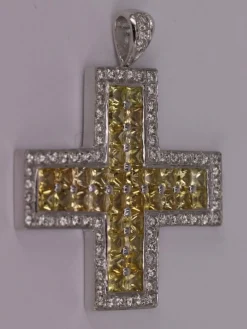 Pendentif croix or blanc Diamants Saphirs jaunes
