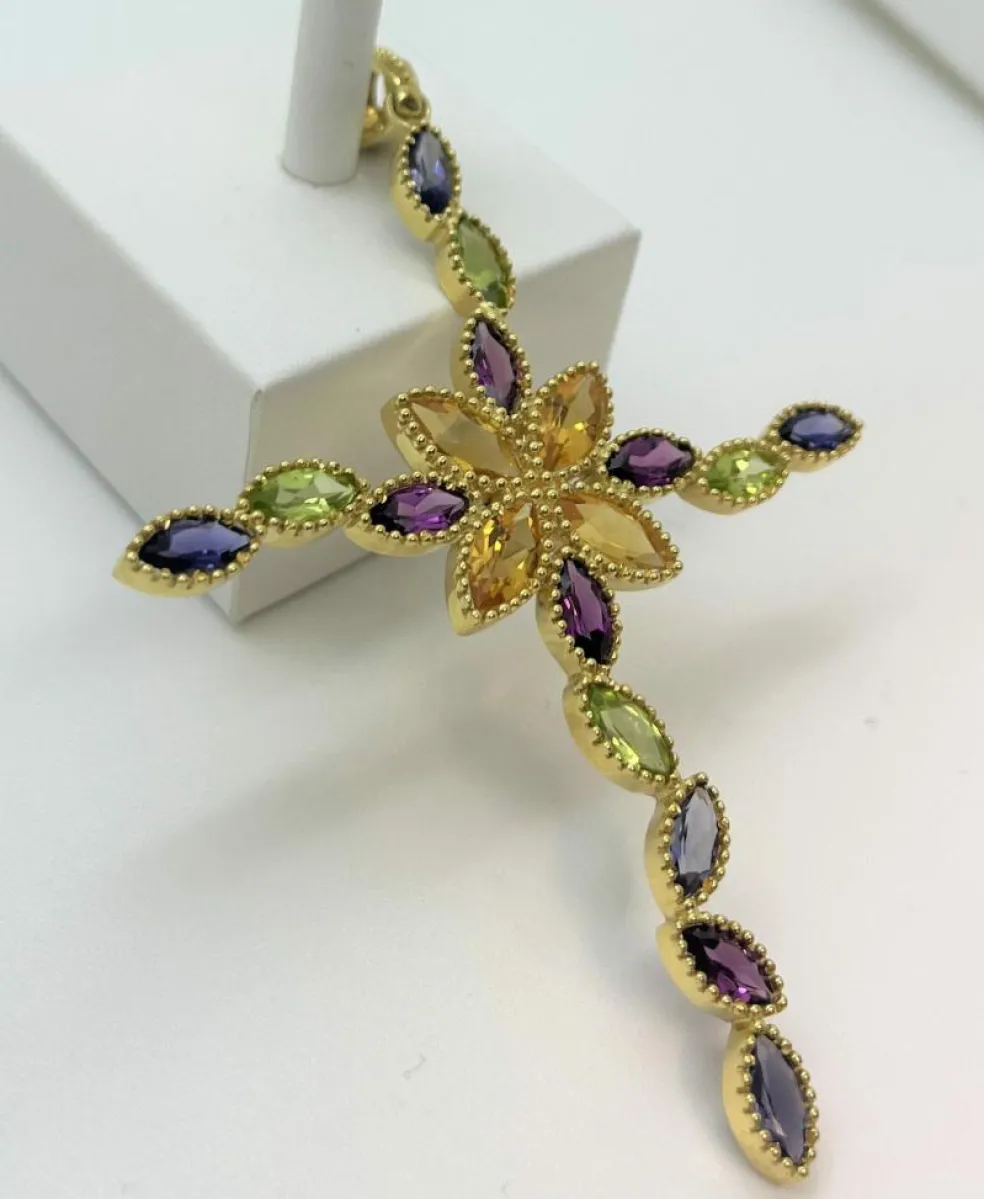 Pendentif Croix Or Jaune , Pierres Fines