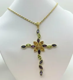 Pendentif Croix Or Jaune , Pierres Fines