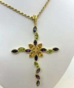 Pendentif Croix Or Jaune , Pierres Fines