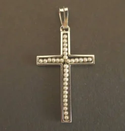 Pendentif Croix Perles Fines , Or Blanc 18 Carats