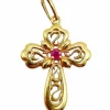Pendentif croix vintage or jaune finement travaillée ornée d'un rubis