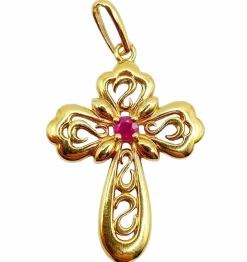 Pendentif croix vintage or jaune finement travaillée ornée d'un rubis