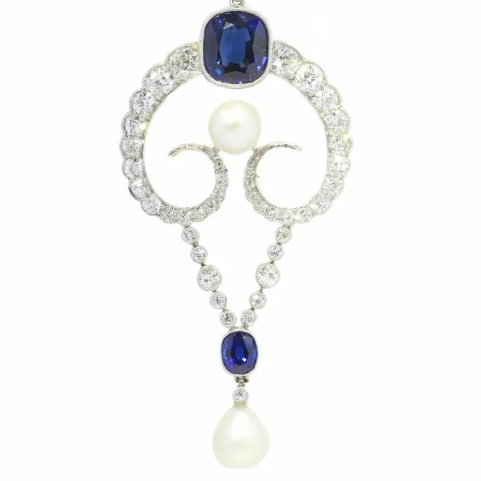 Pendentif diamant, perles naturelles, saphirs