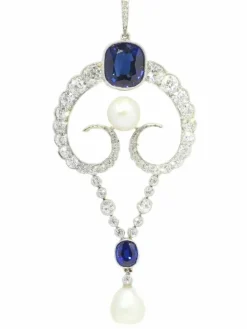 Pendentif diamant, perles naturelles, saphirs