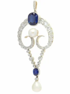 Pendentif diamant, perles naturelles, saphirs