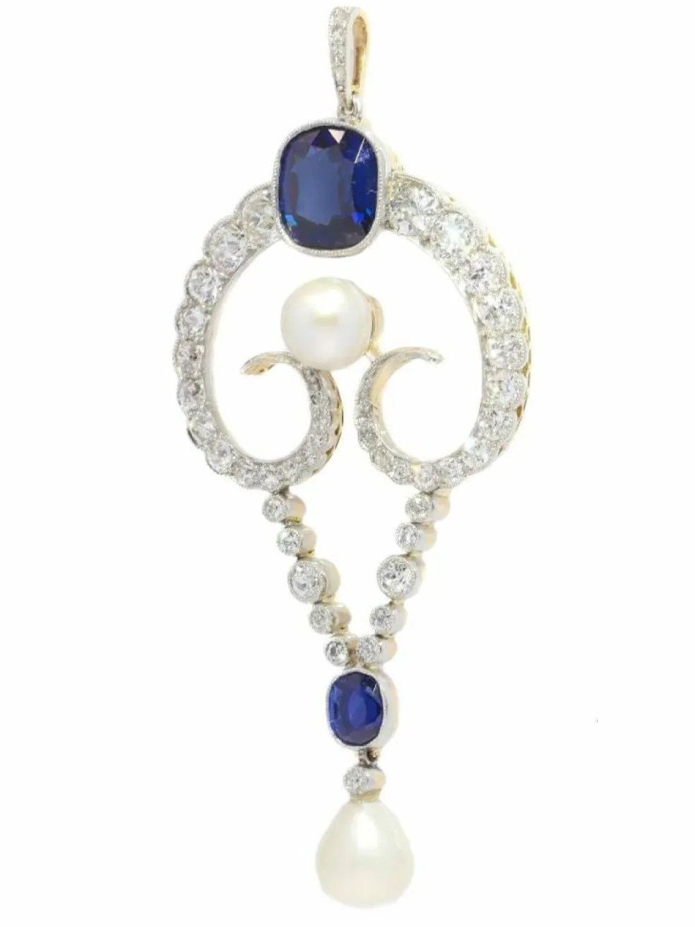 Pendentif diamant, perles naturelles, saphirs