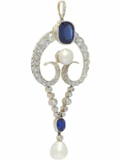 Pendentif diamant, perles naturelles, saphirs