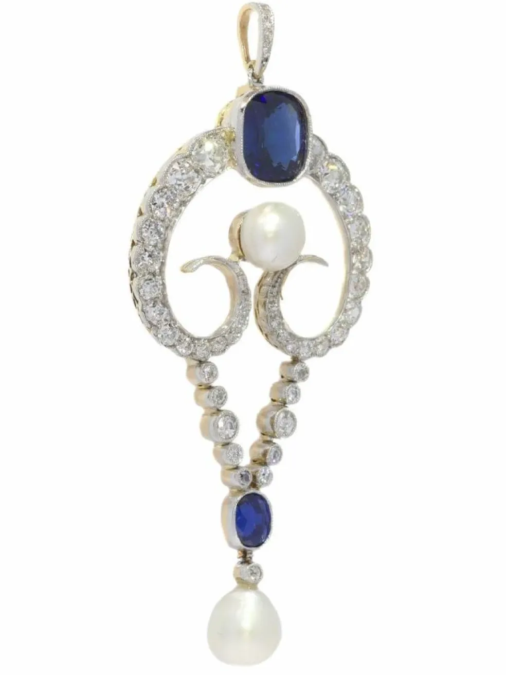 Pendentif diamant, perles naturelles, saphirs