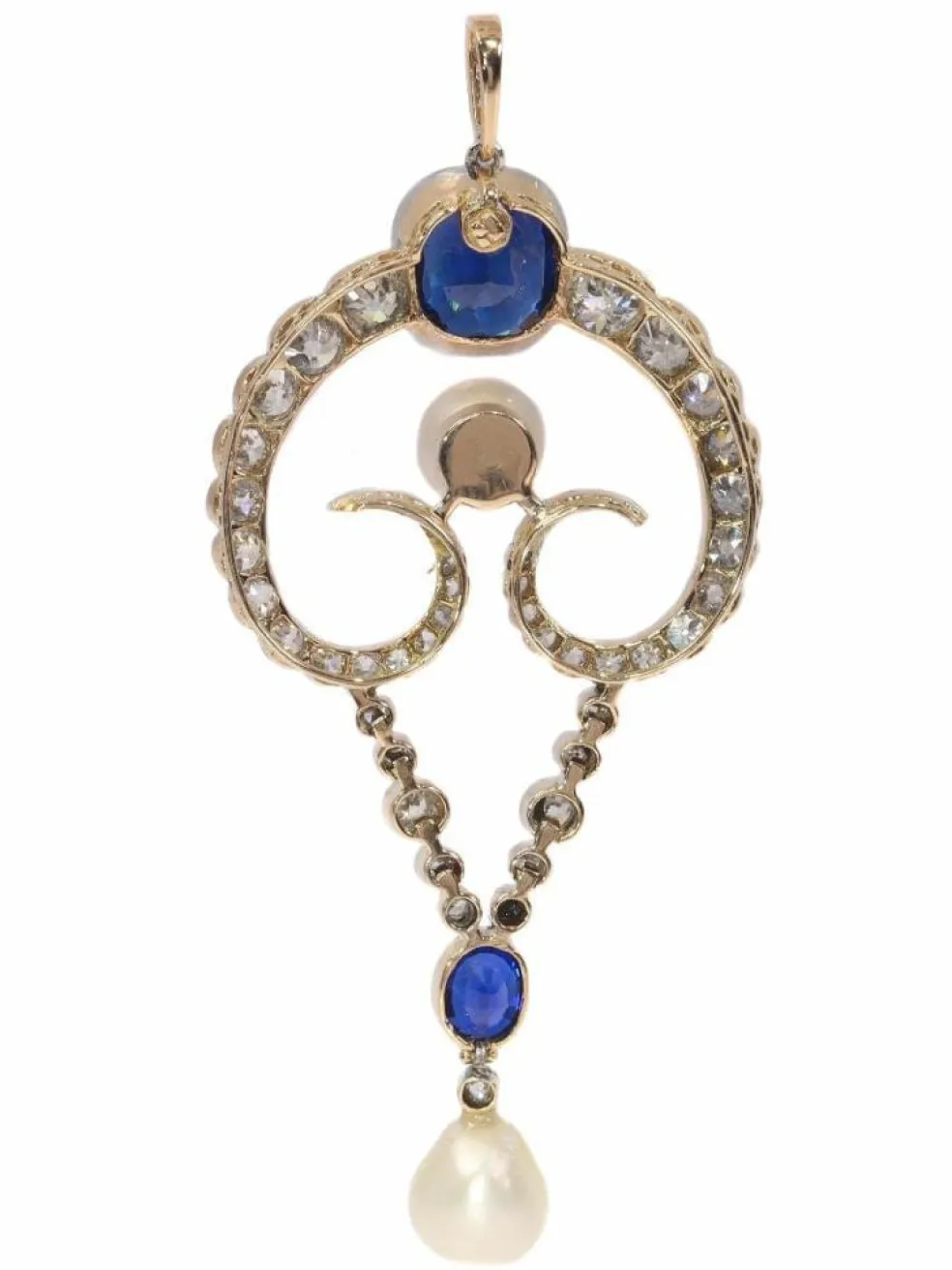 Pendentif diamant, perles naturelles, saphirs