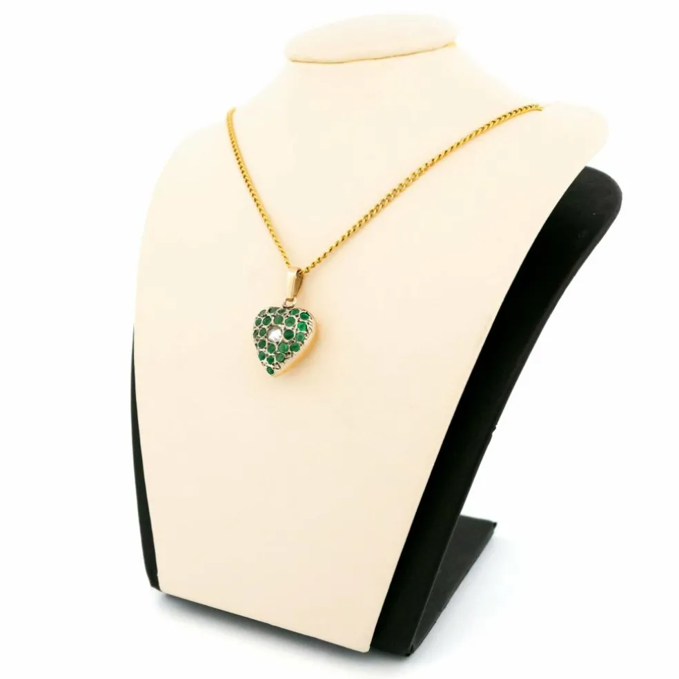 Pendentif en forme de cœur en or jaune 18 carats avec diamant et émeraude
