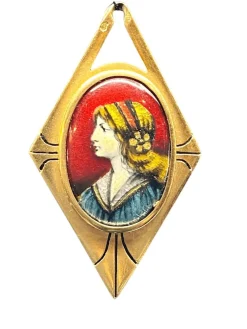 Pendentif en or jaune 18 carats, profil de femme en émail de limoges