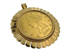 Pendentif et broche en or jaune avec pièce de dix dollars