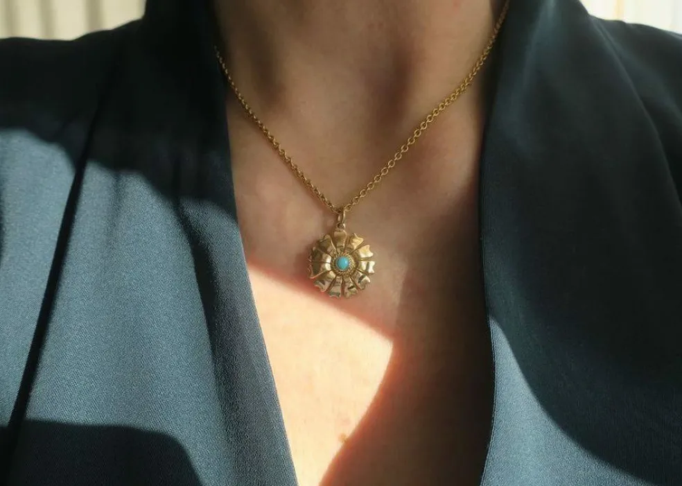 Pendentif fleur or jaune turquoise
