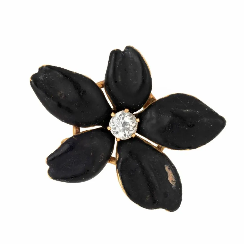 Pendentif fleur victorienne antique en or et émail noir avec diamant