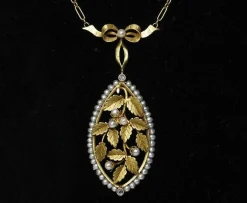 Pendentif floral Art Nouveau or et perles fines