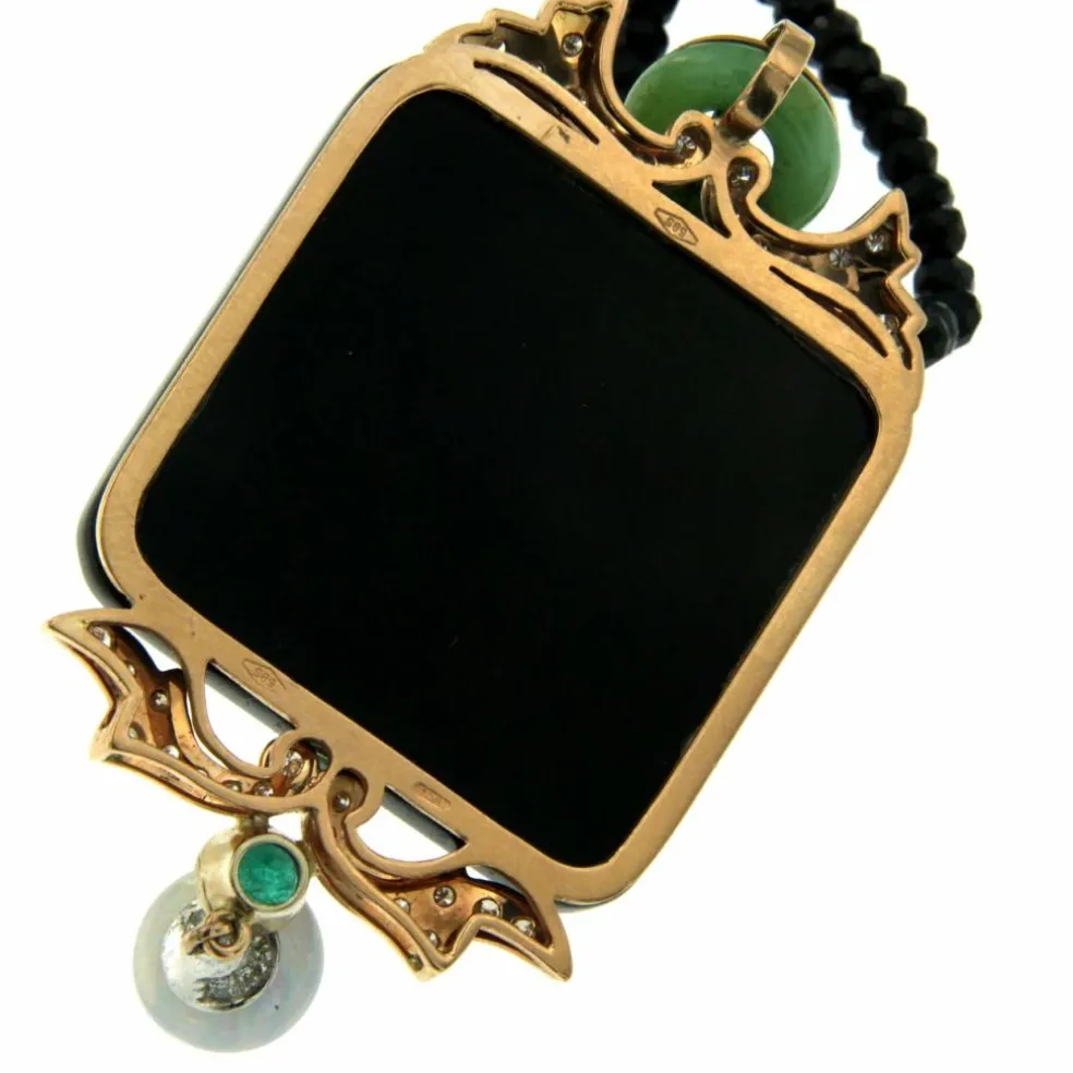 Pendentif Jade Emeraude Diamant Onyx Corail méditerranéen