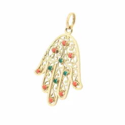 Pendentif main en or jaune corail et calcédoine