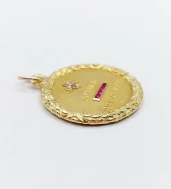 Pendentif médaille d'amour 23mm or jaune diamant et rubis AUGIS (circa 1920)