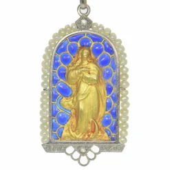 Pendentif Médaille Marie Diamants et émail plique-à-jour