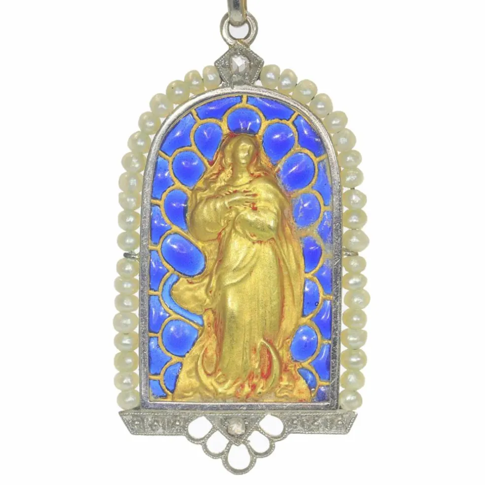 Pendentif Médaille Marie Diamants et émail plique-à-jour