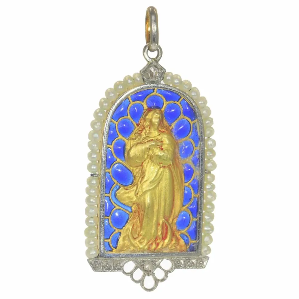 Pendentif Médaille Marie Diamants et émail plique-à-jour