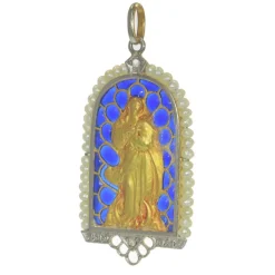 Pendentif Médaille Marie Diamants et émail plique-à-jour