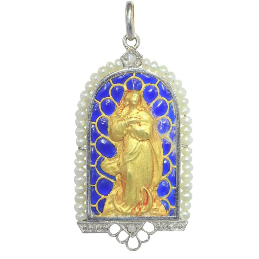 Pendentif Médaille Marie Diamants et émail plique-à-jour