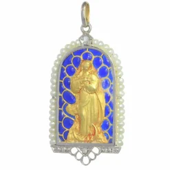 Pendentif Médaille Marie Diamants et émail plique-à-jour