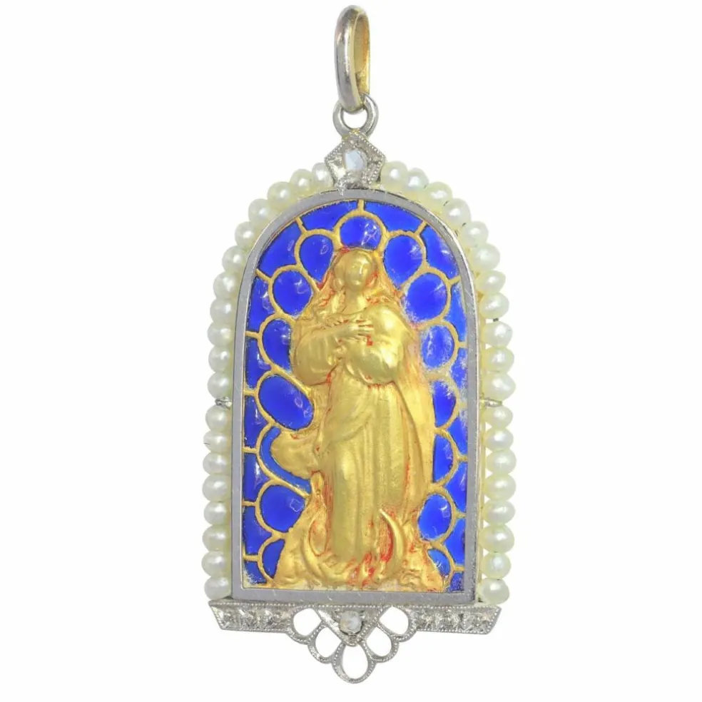 Pendentif Médaille Marie Diamants et émail plique-à-jour