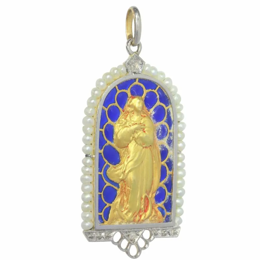 Pendentif Médaille Marie Diamants et émail plique-à-jour