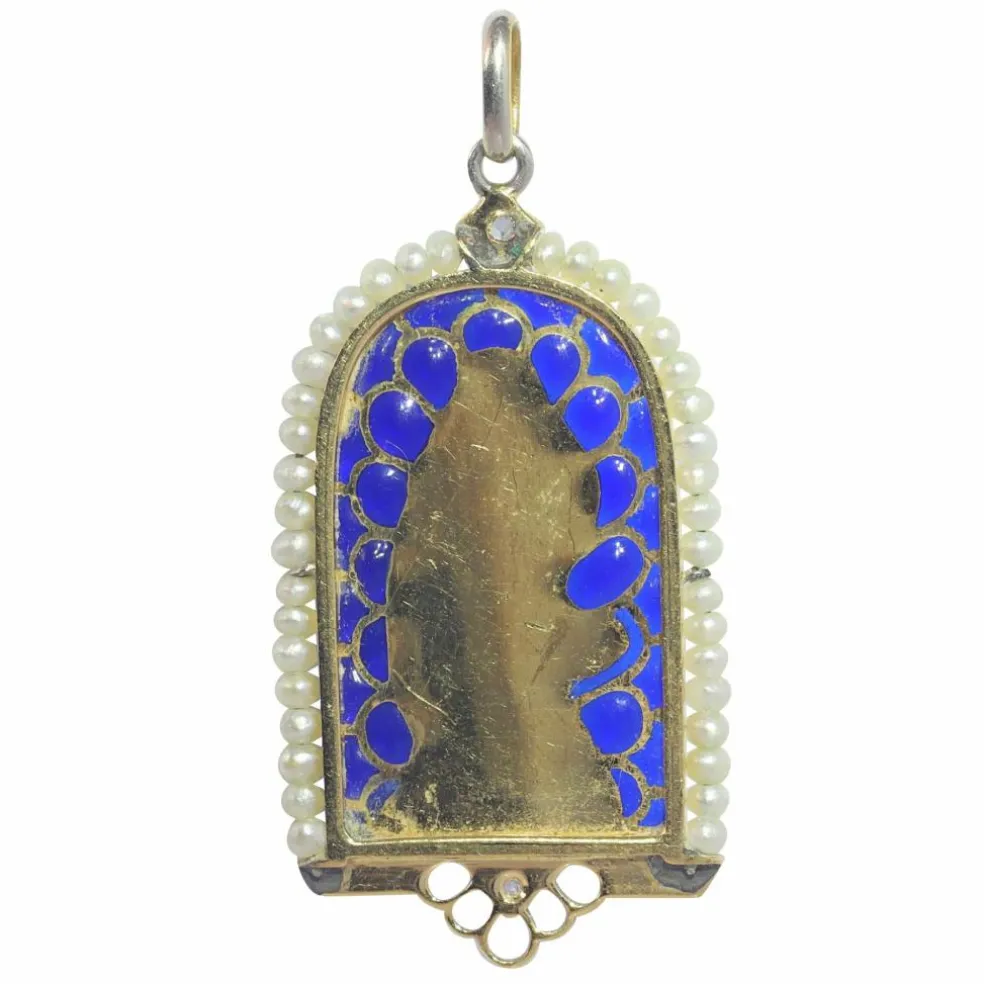Pendentif Médaille Marie Diamants et émail plique-à-jour