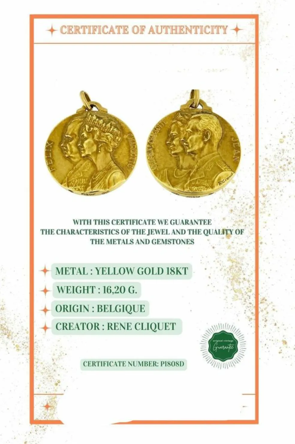 Pendentif Médaille or jaune de René Cliquet Grands-Ducs et Grandes-Duchesses de Luxembourg