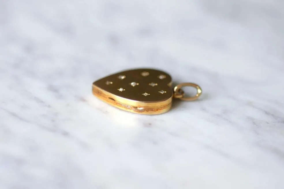 Pendentif médaillon ancien cœur ouvrant en or et diamants taille rose