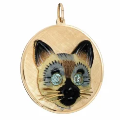 Pendentif médaillon chat siamois vintage des années 60 en or jaune 14 carats