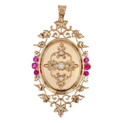 Pendentif Médaillon vintage or perles rubis