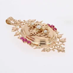 Pendentif Médaillon vintage or perles rubis