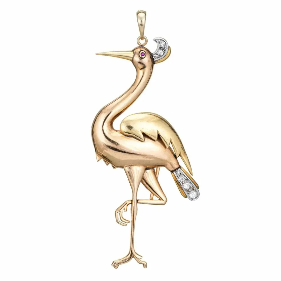 Pendentif ou broche flamant rose en or jaune et diamant