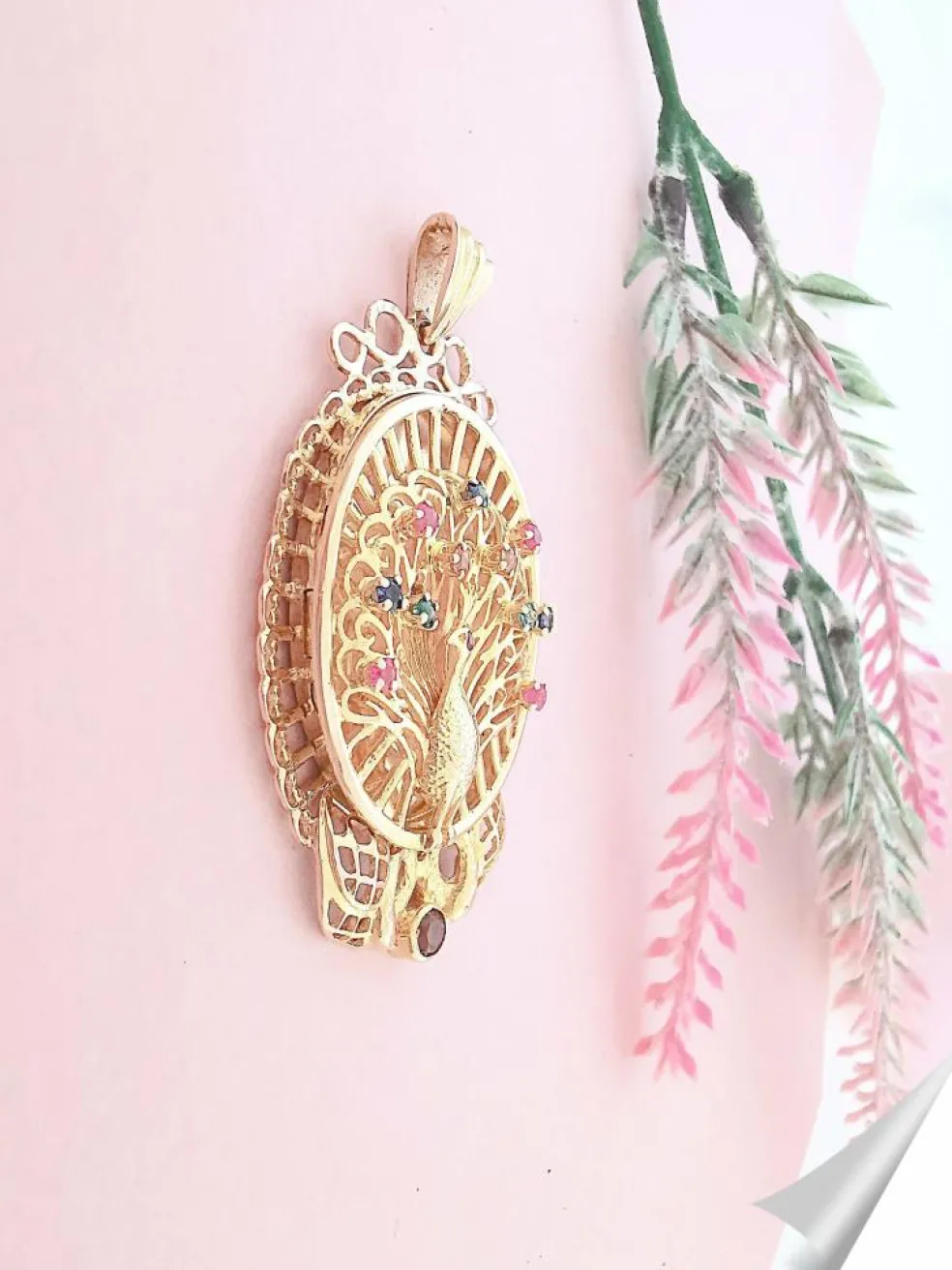 Pendentif Paon Pierres de couleur Or Jaune