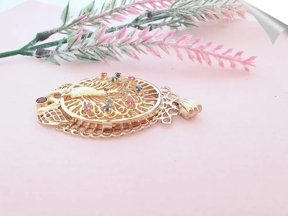Pendentif Paon Pierres de couleur Or Jaune