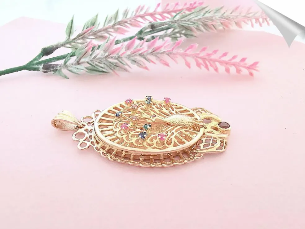 Pendentif Paon Pierres de couleur Or Jaune