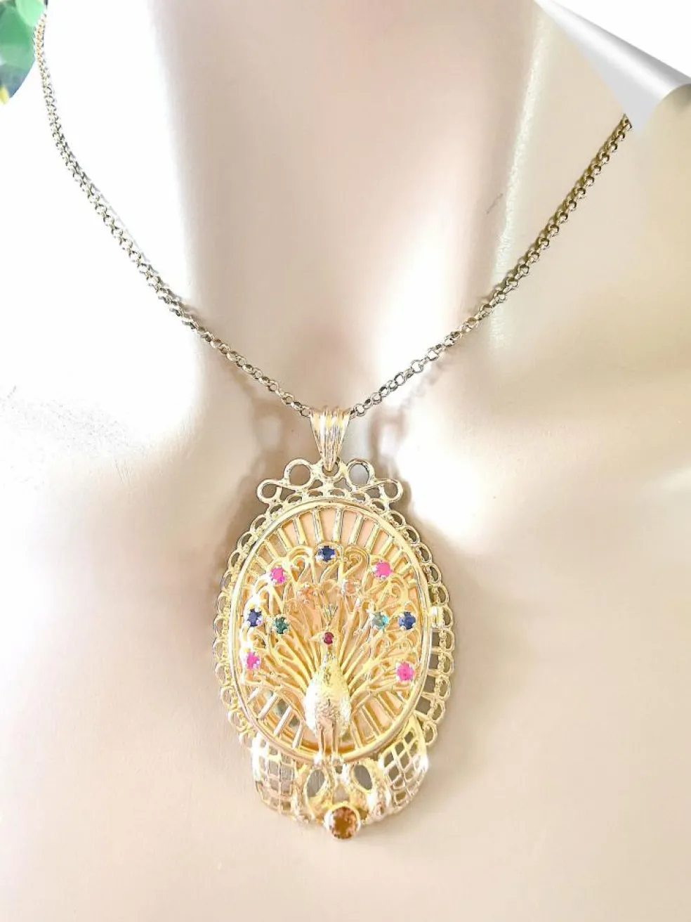 Pendentif Paon Pierres de couleur Or Jaune