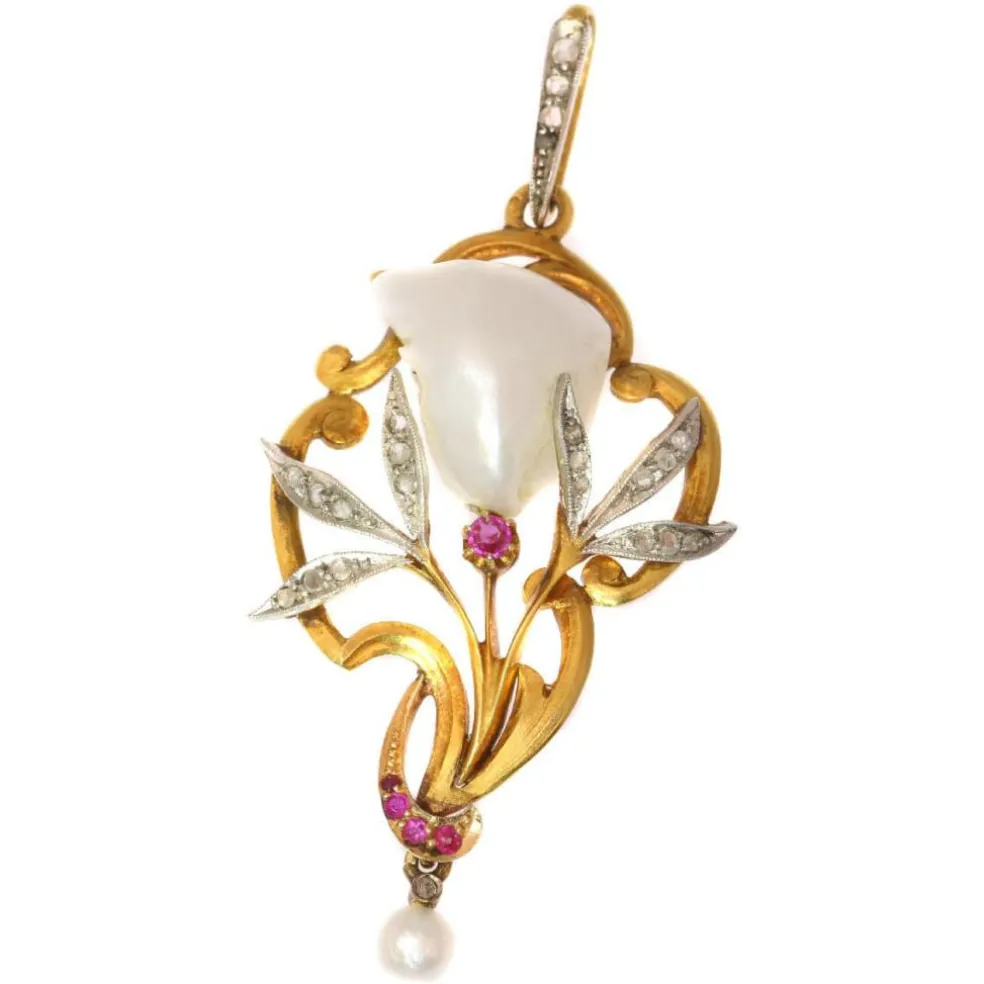 Pendentif perle, diamants, rubis