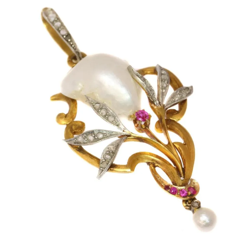 Pendentif perle, diamants, rubis