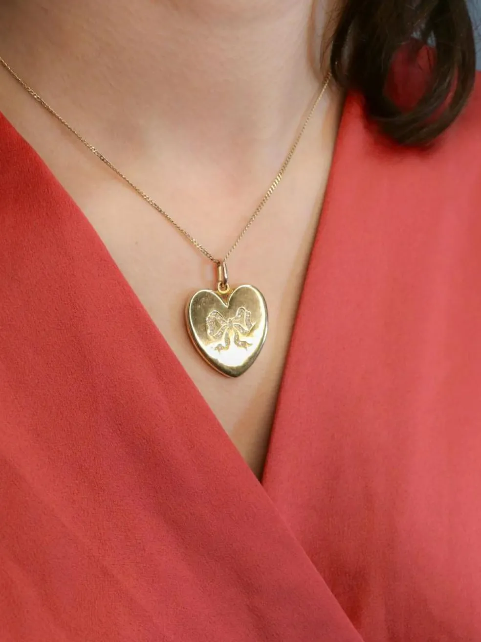 Pendentif porte photo coeur Art Nouveau or jaune diamants taille rose
