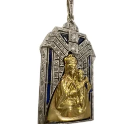 PENDENTIF RELIGIEUX ART DÉCO en PLATINE et OR 18 KT avec DIAMANTS et SAPHIR