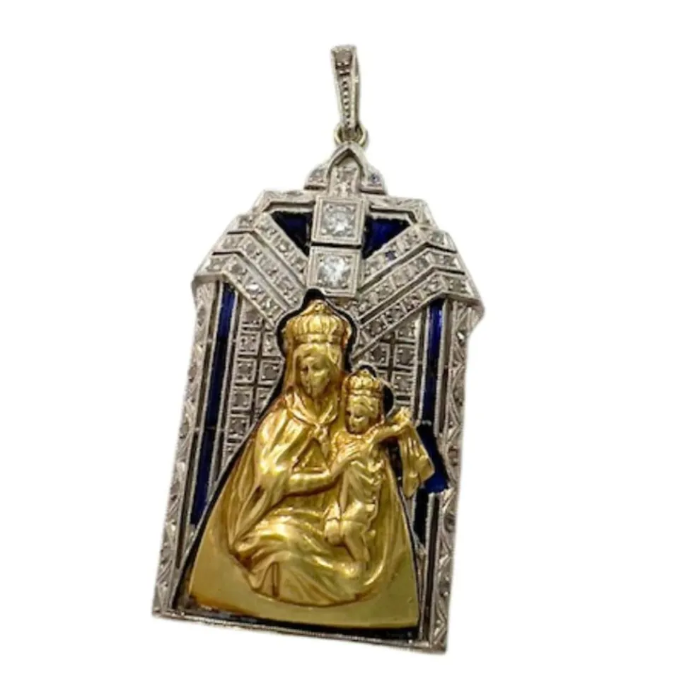 PENDENTIF RELIGIEUX ART DÉCO en PLATINE et OR 18 KT avec DIAMANTS et SAPHIR