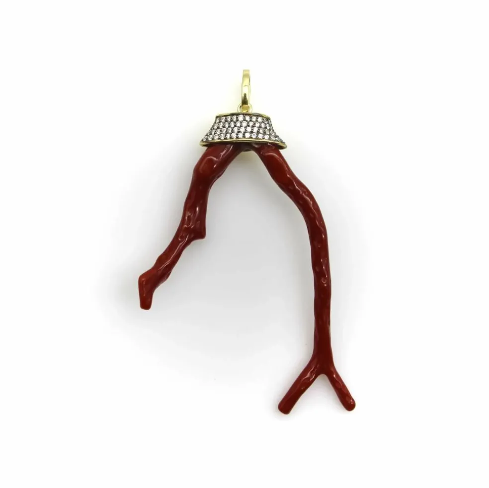 Pendentif Signature en or avec branche de corail et diamants
