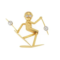 Pendentif Skieur vintage en or yeux articulés en diamant
