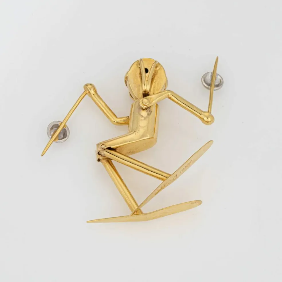 Pendentif Skieur vintage en or yeux articulés en diamant